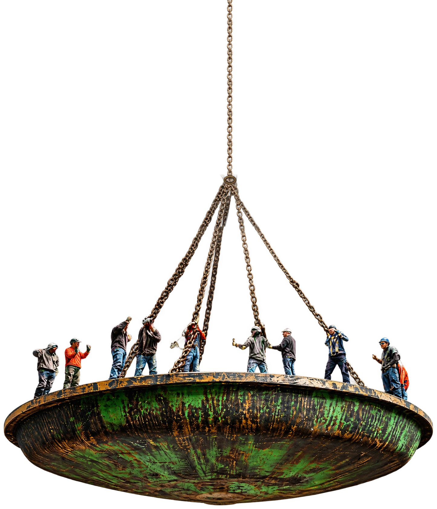 Workers standing on a rusted platform suspended by chains